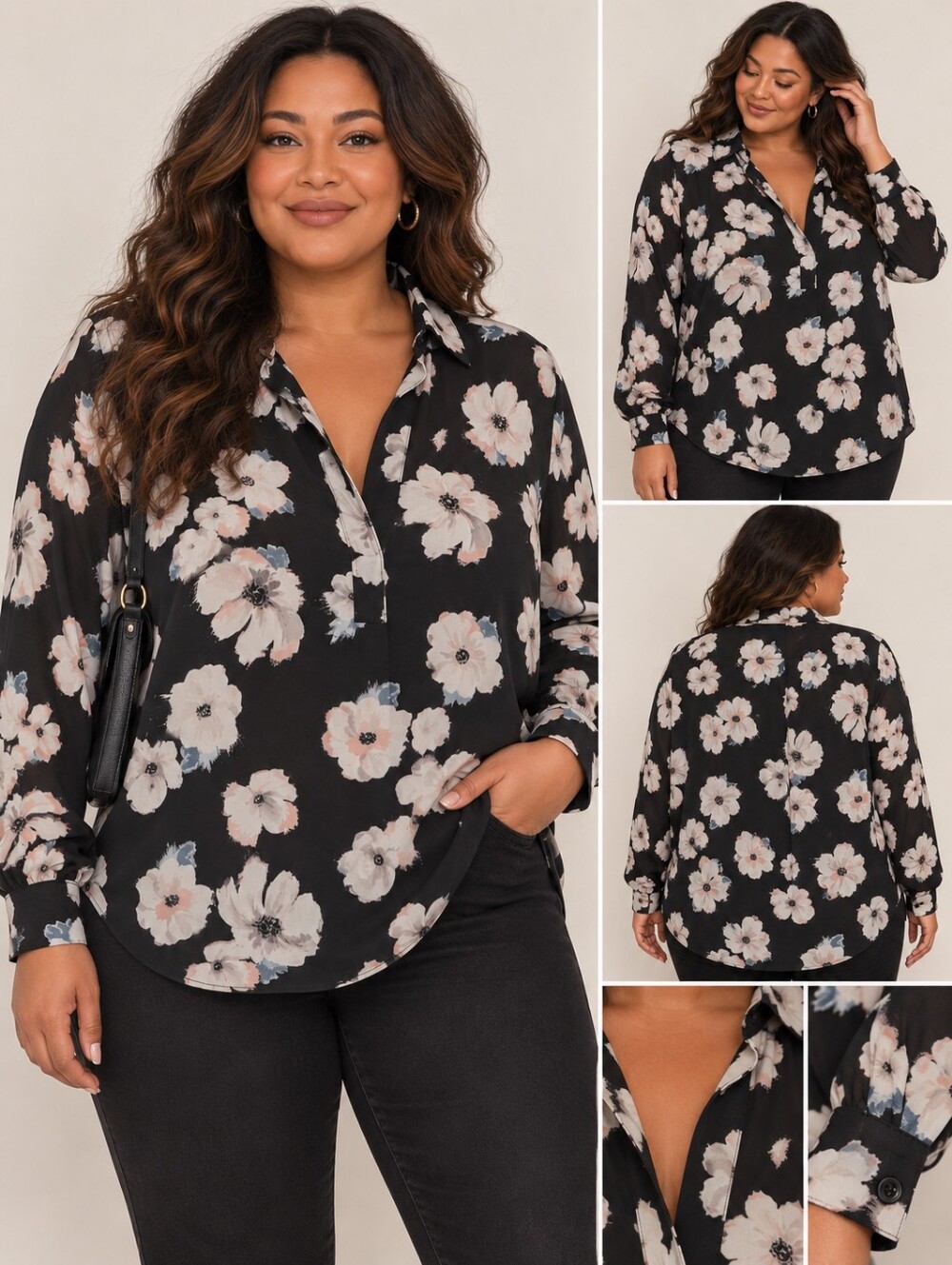 Reitmans Black Floral Button-Front Blouse